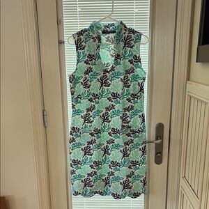 Katherine Way Sleeveless Coral Print Dress with Scalloped Hem, Large